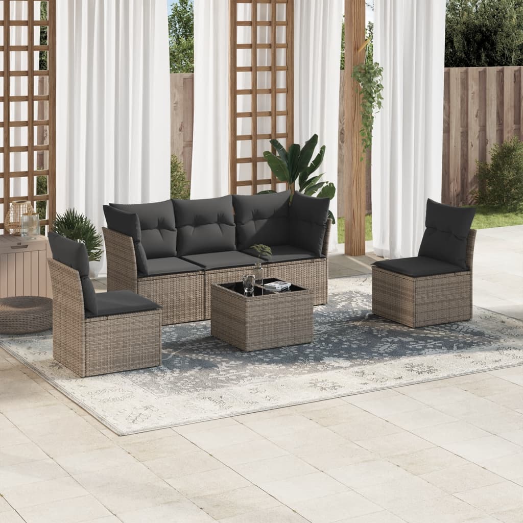 JUNG Vida 6-tlg. Garten-Sofagarnitur mit Kissen Grau Poly Rattan