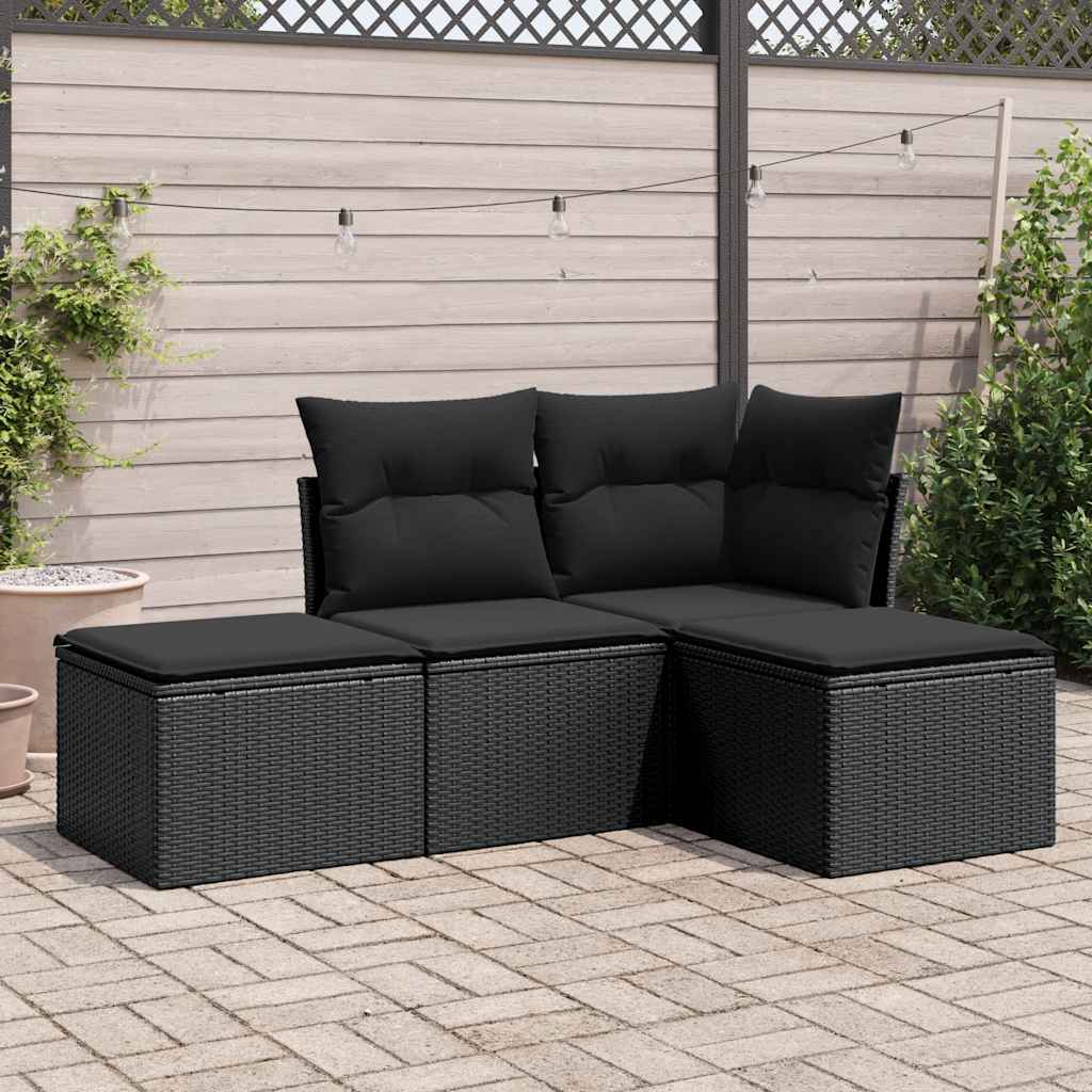 JUNG Vida 4-tlg. Garten-Sofagarnitur mit Kissen Schwarz Poly Rattan