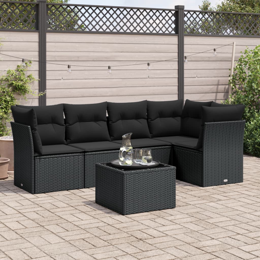 JUNG Vida 6-tlg. Garten-Sofagarnitur mit Kissen Schwarz Poly Rattan