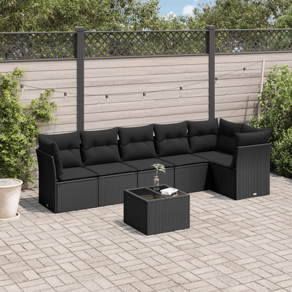 JUNG Vida 7-tlg. Garten-Sofagarnitur mit Kissen Schwarz Poly Rattan