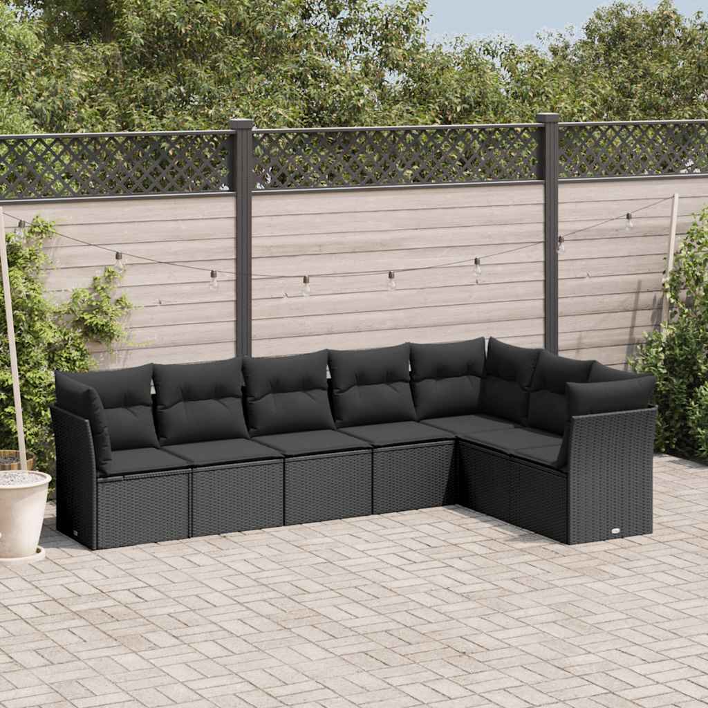 JUNG Vida 7-tlg. Garten-Sofagarnitur mit Kissen Schwarz Poly Rattan