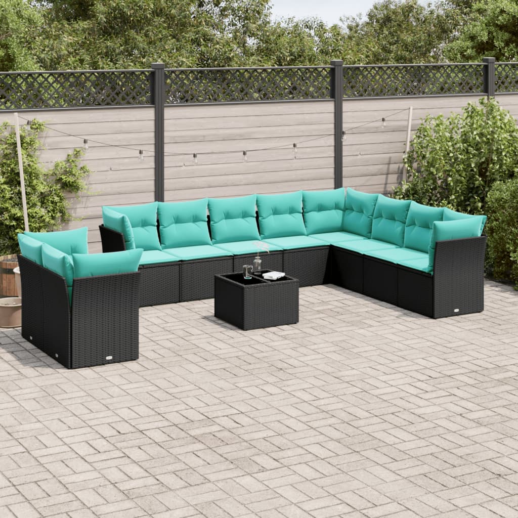 JUNG Vida 11-teiliges Gartensofa-Set mit Kissen, schwarzes Polyrattan