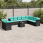 JUNG Vida 11-teiliges Gartensofa-Set mit Kissen, schwarzes Polyrattan