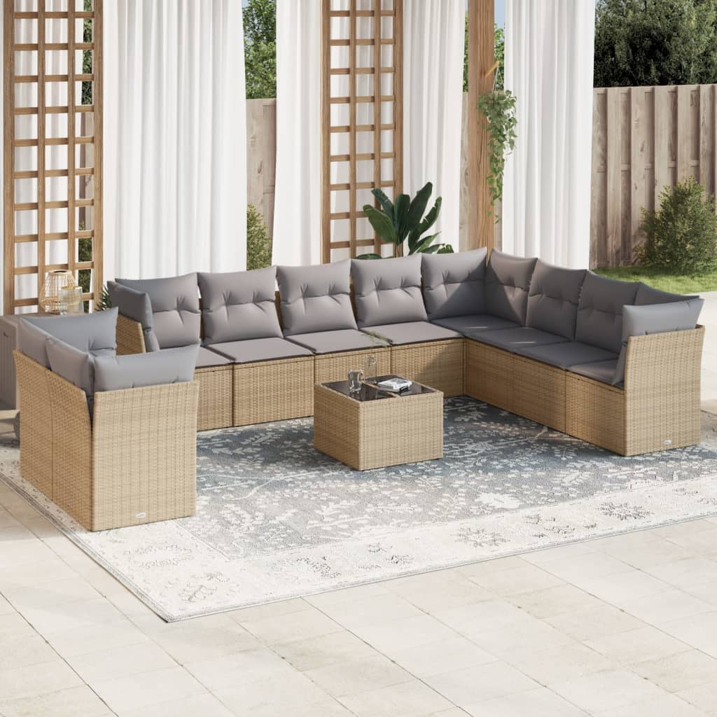 JUNG Vida 11-tlg. Garten-Sofagarnitur mit Kissen Beige Poly Rattan