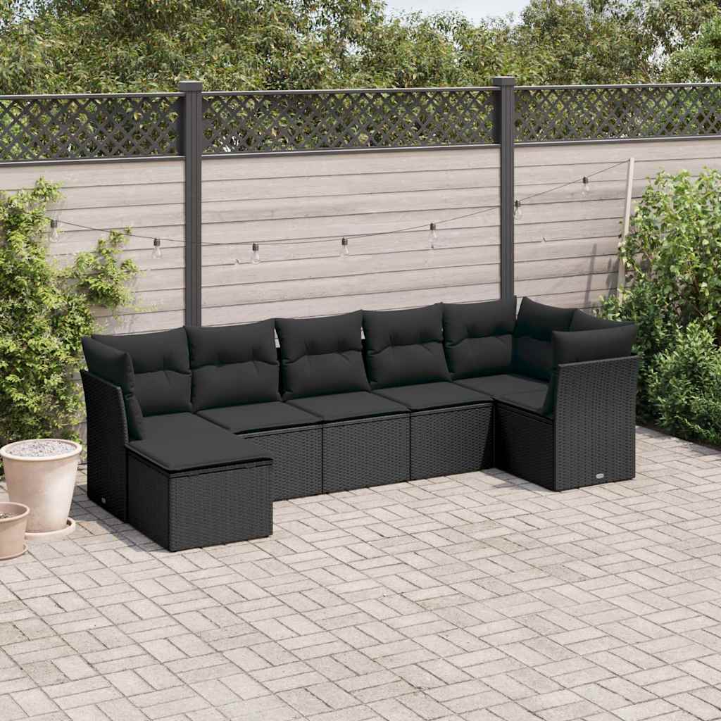 JUNG Vida 7-tlg. Garten-Sofagarnitur mit Kissen Schwarz Poly Rattan