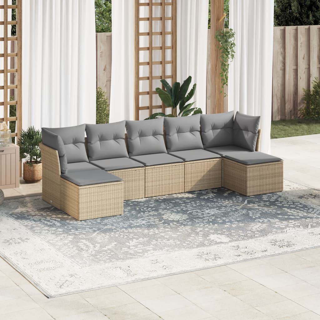 JUNG Vida 7-tlg. Garten-Sofagarnitur mit Kissen Beige Poly Rattan