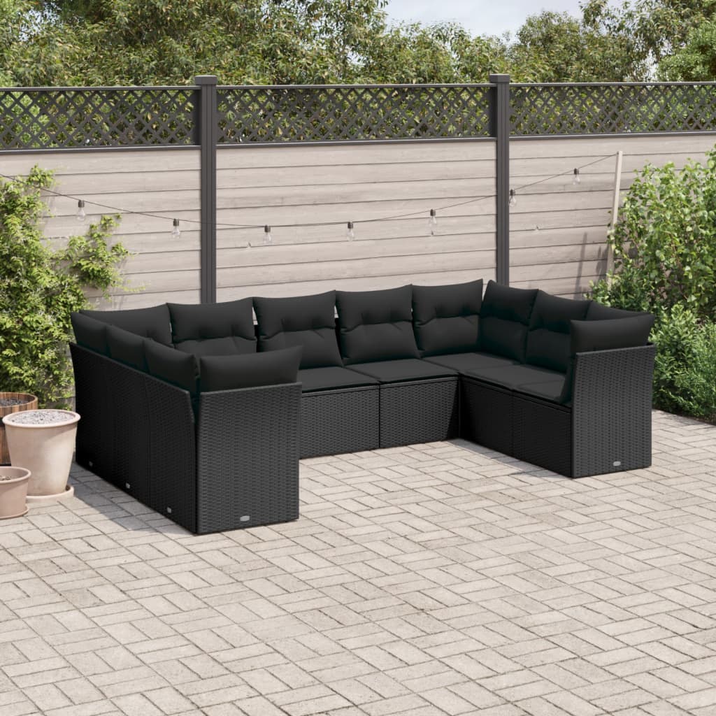 JUNG Vida 9-tlg. Garten-Sofagarnitur mit Kissen Schwarz Poly Rattan