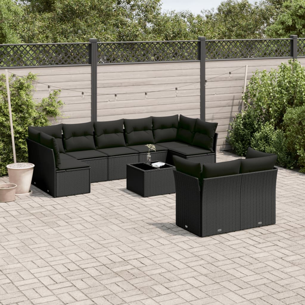JUNG Vida 10-tlg. Garten-Sofagarnitur mit Kissen Schwarz Poly Rattan