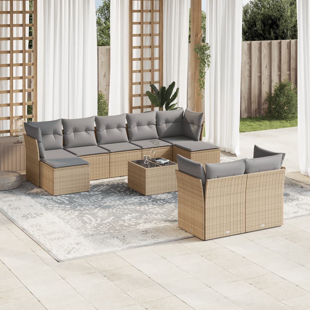 JUNG Vida 10-tlg. Garten-Sofagarnitur mit Kissen Beige Poly Rattan
