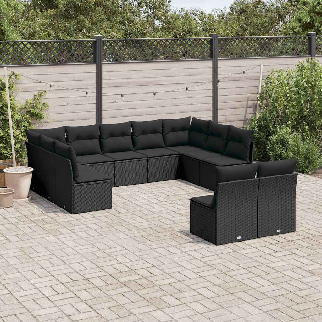 JUNG Vida 11-tlg. Garten-Sofagarnitur mit Kissen Schwarz Poly Rattan