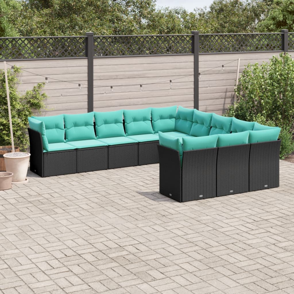 JUNG Vida 11-teiliges Gartensofa-Set mit Kissen, schwarzes Polyrattan