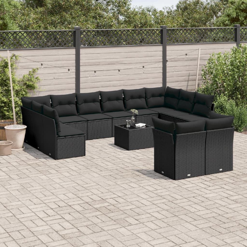 JUNG Vida 13-tlg. Garten-Sofagarnitur mit Kissen Schwarz Poly Rattan