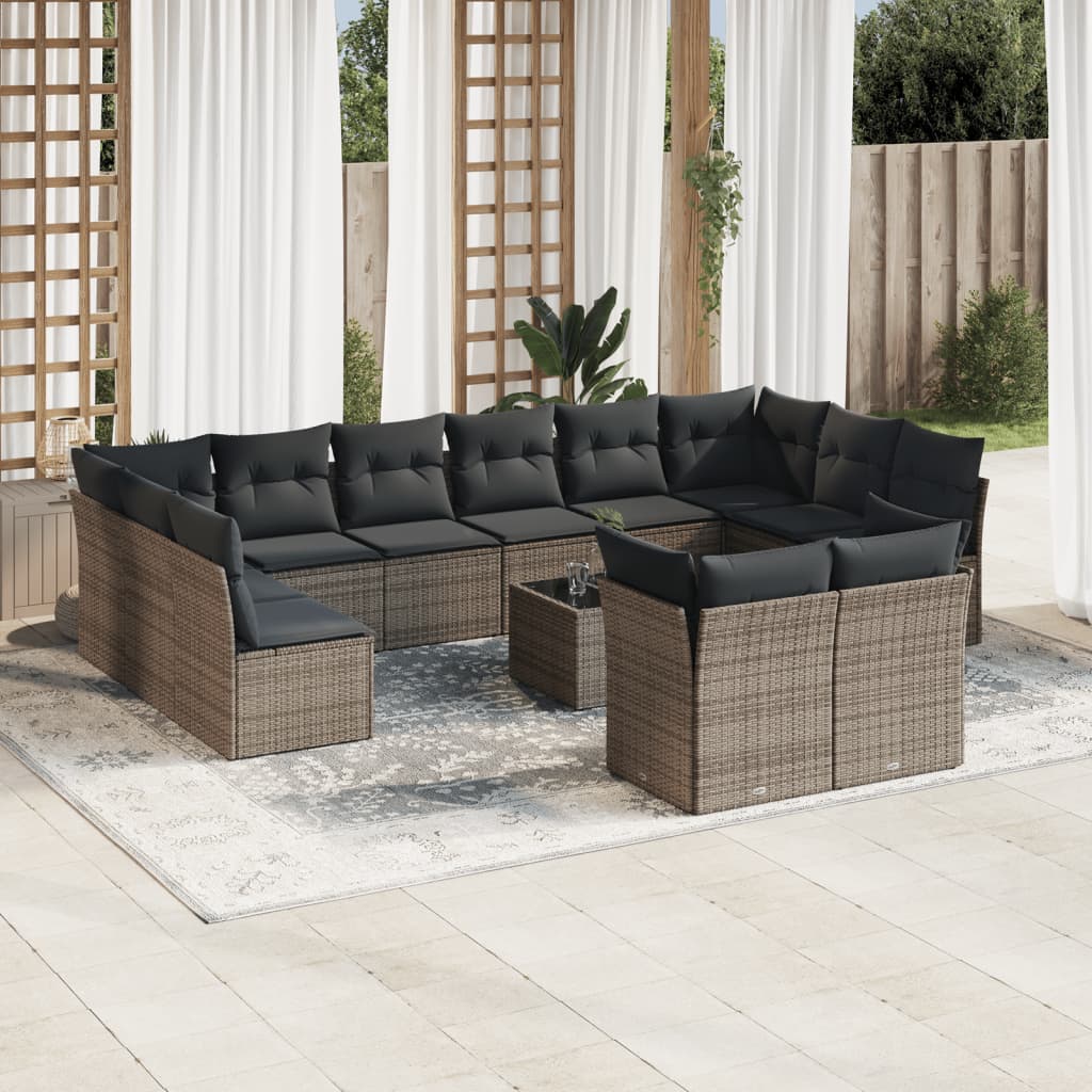 JUNG Vida 13-tlg. Garten-Sofagarnitur mit Kissen Grau Poly Rattan