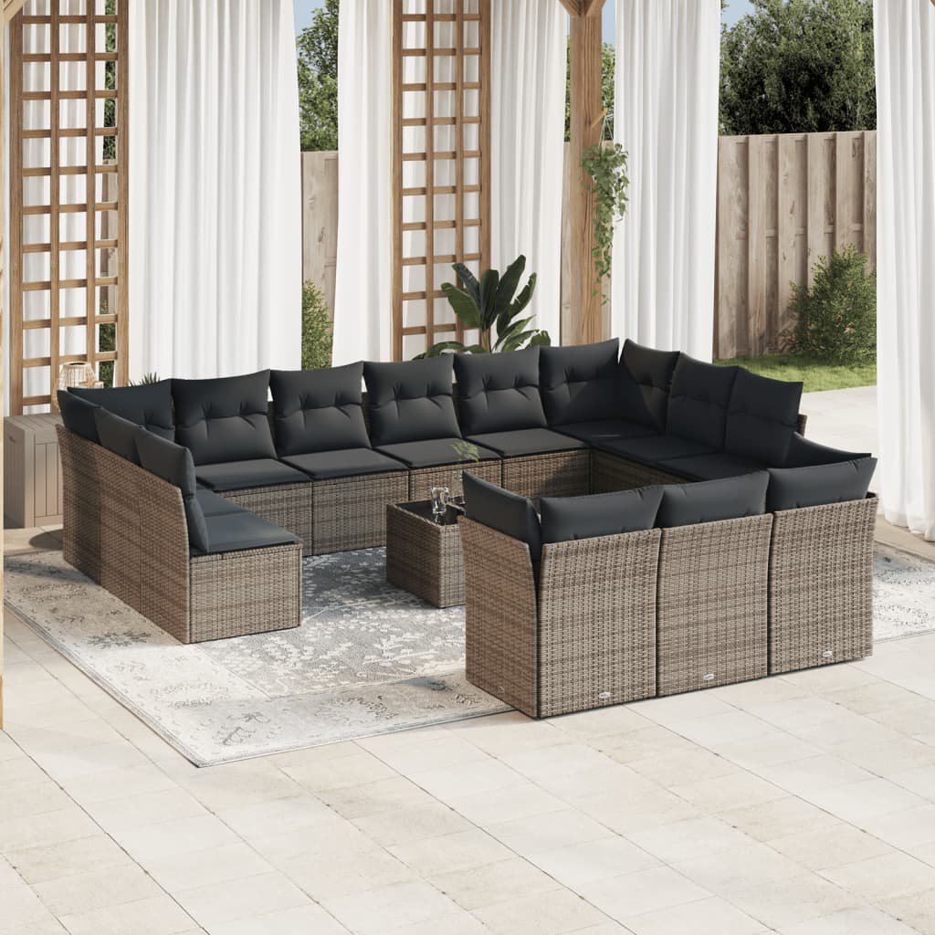 JUNG Vida 14-tlg. Garten-Sofagarnitur mit Kissen Grau Poly Rattan