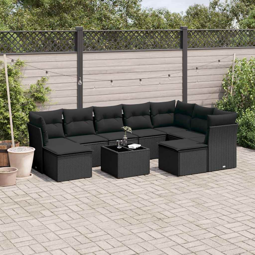 JUNG Vida 10-tlg. Garten-Sofagarnitur mit Kissen Schwarz Poly Rattan