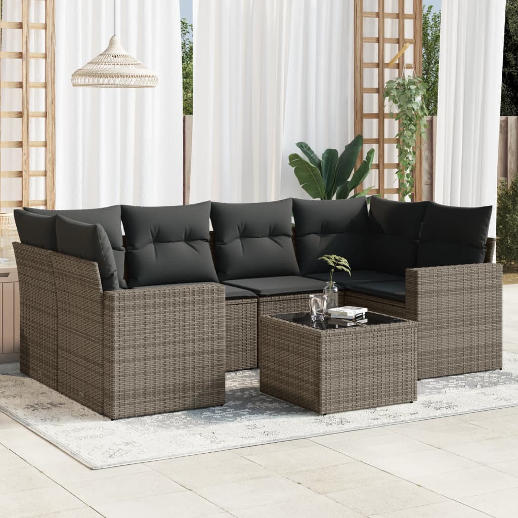 JUNG Vida 7-tlg. Garten-Sofagarnitur mit Kissen Grau Poly Rattan