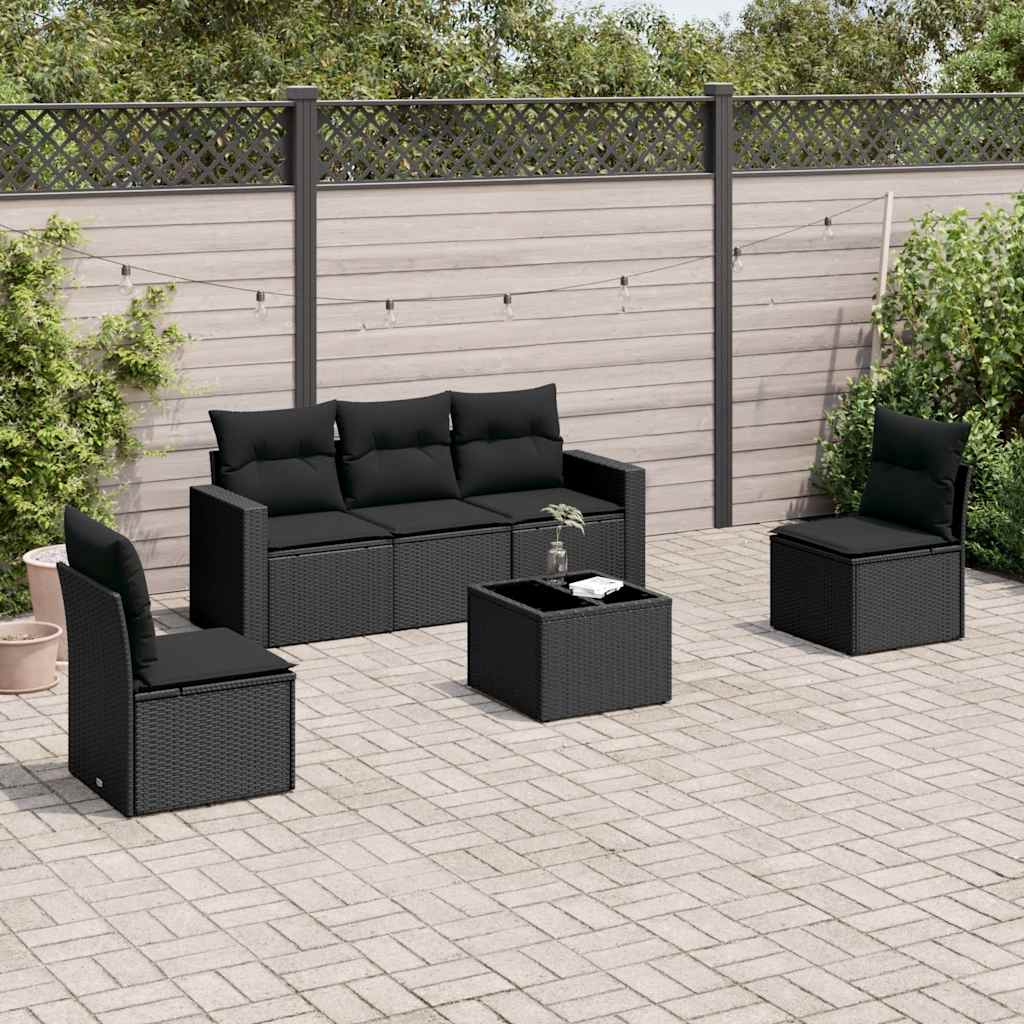 JUNG Vida 6-tlg. Garten-Sofagarnitur mit Kissen Schwarz Poly Rattan
