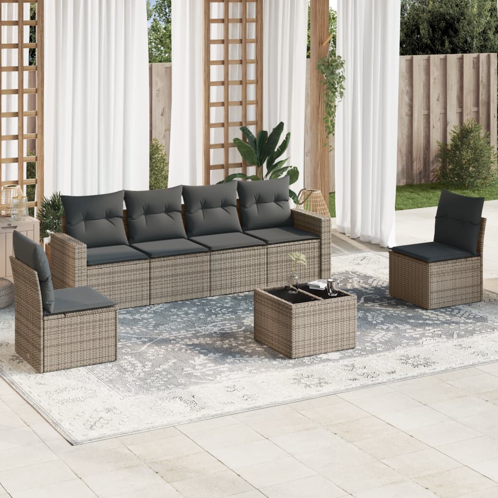 JUNG Vida 7-tlg. Garten-Sofagarnitur mit Kissen Grau Poly Rattan