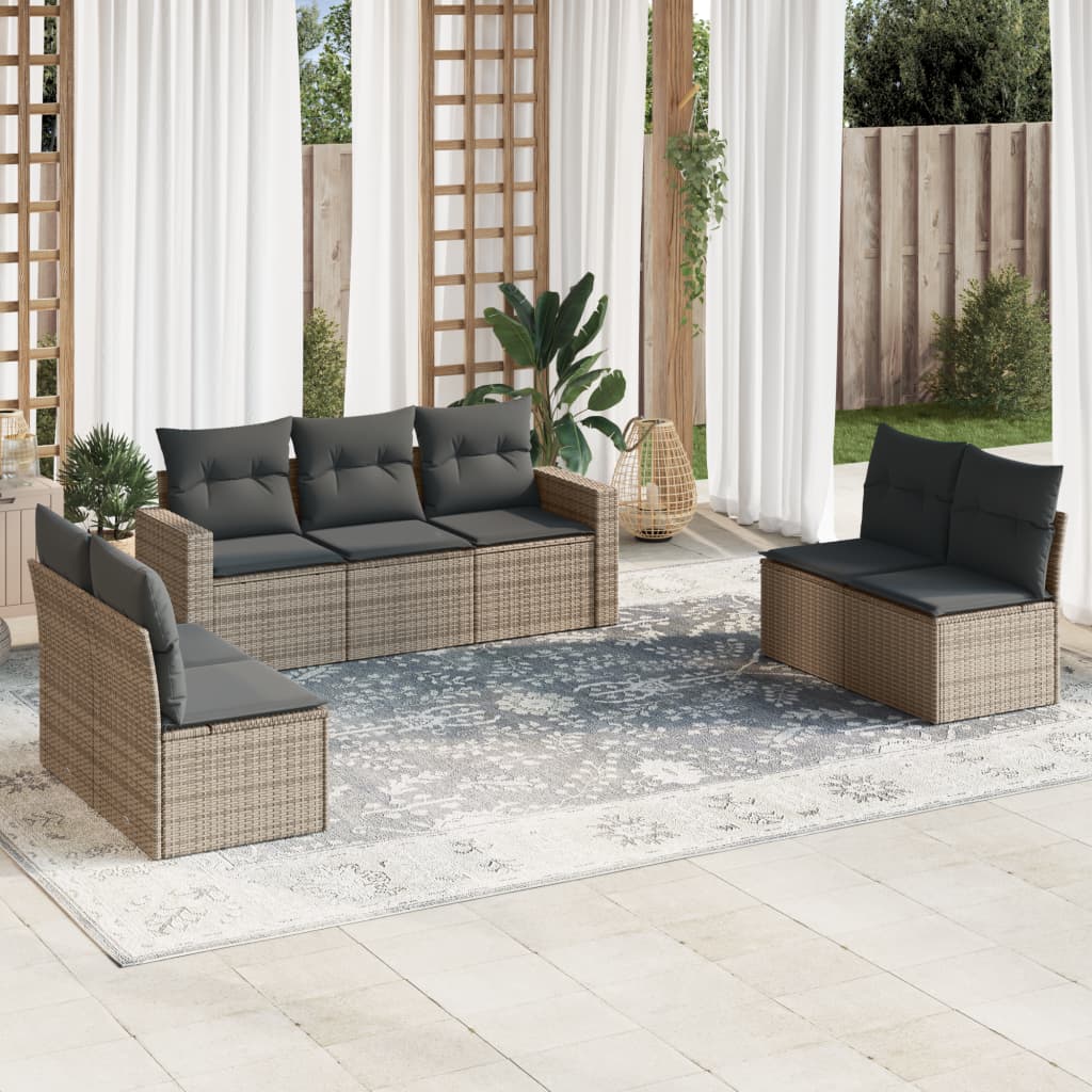 JUNG Vida 7-tlg. Garten-Sofagarnitur mit Kissen Grau Poly Rattan