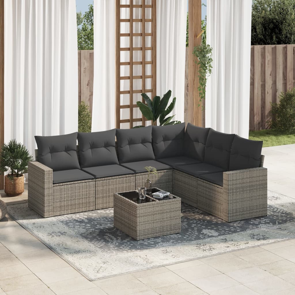 JUNG Vida 7-tlg. Garten-Sofagarnitur mit Kissen Grau Poly Rattan