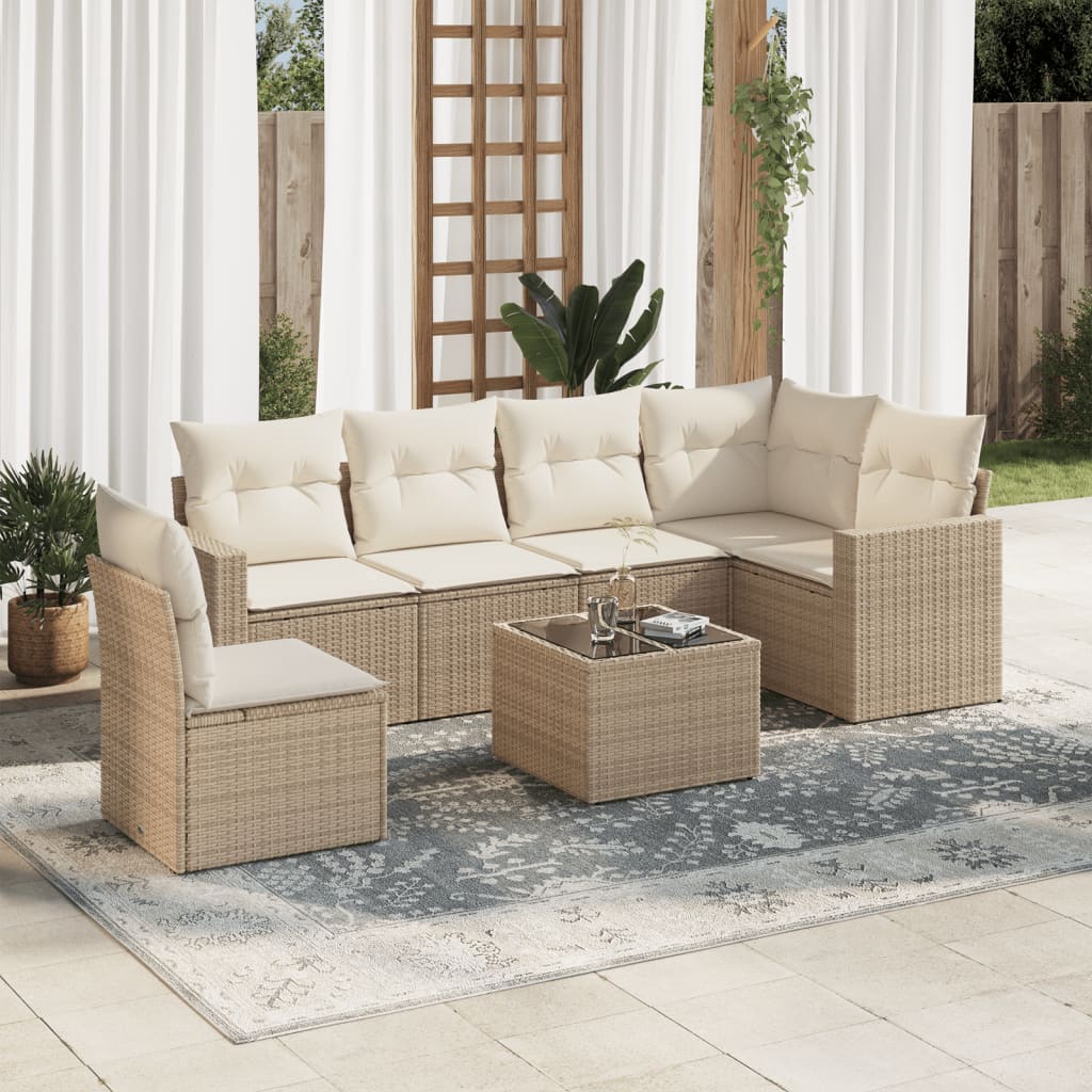 JUNG Vida 7-tlg. Garten-Sofagarnitur mit Kissen Beige Poly Rattan
