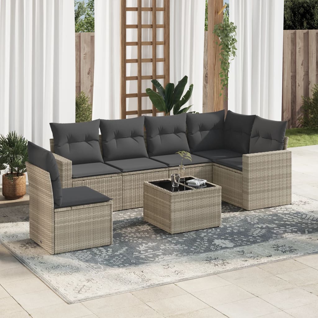 JUNG Vida 7-tlg. Garten-Sofagarnitur mit Kissen Hellgrau Poly Rattan