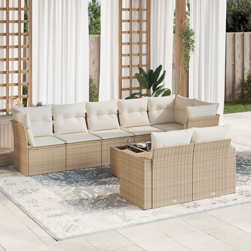 JUNG Vida 9-tlg. Garten-Sofagarnitur mit Kissen Beige Poly Rattan