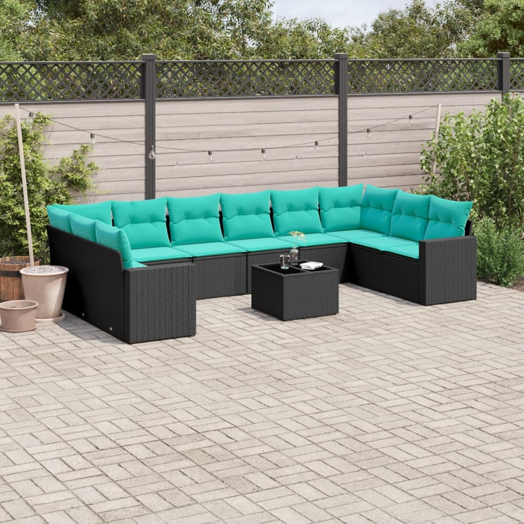 JUNG Vida 11-tlg. Garten-Sofagarnitur mit Kissen Schwarz Poly Rattan