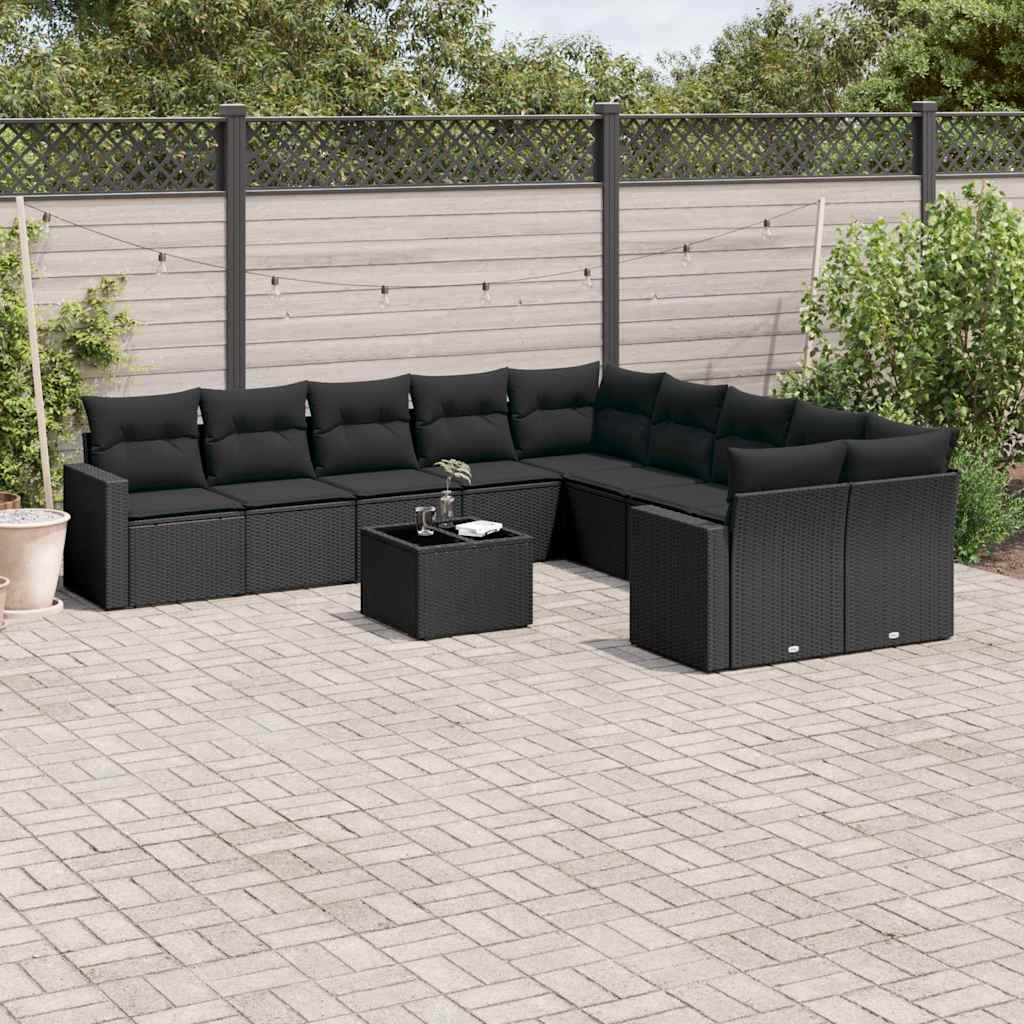 JUNG Vida 11-tlg. Garten-Sofagarnitur mit Kissen Schwarz Poly Rattan