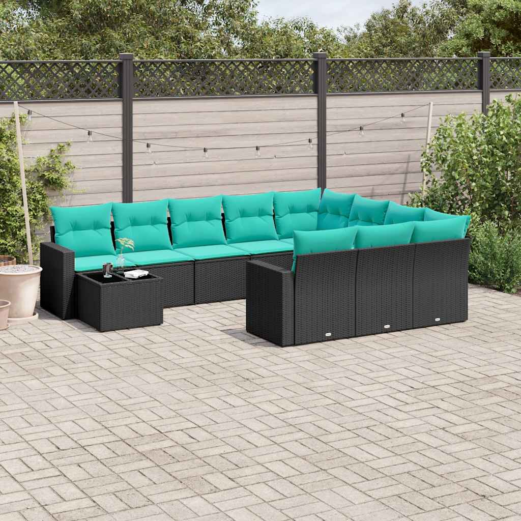 JUNG Vida 11-teiliges Gartensofa-Set mit Kissen, schwarzes Polyrattan