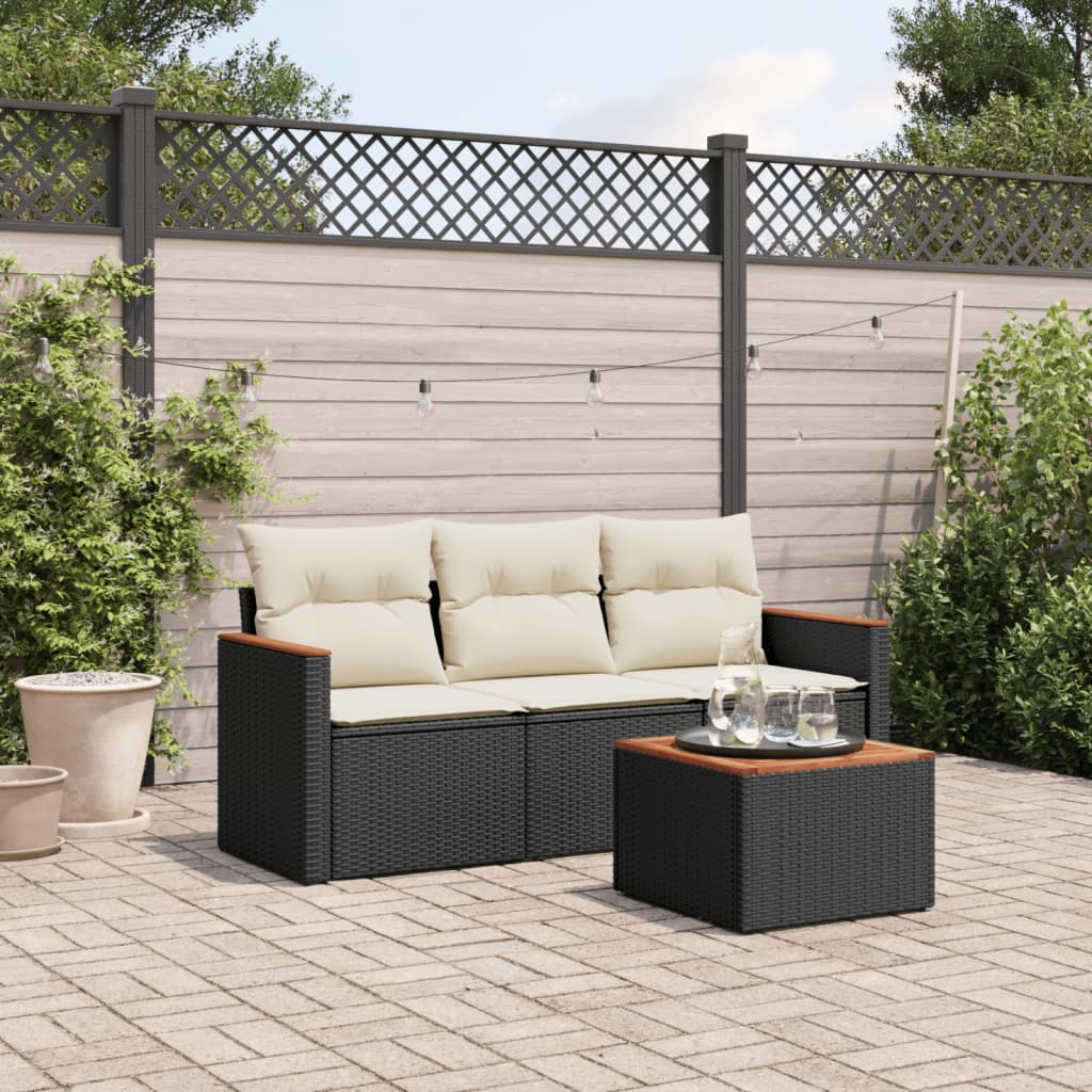JUNG Vida 4-tlg. Garten-Sofagarnitur mit Kissen Schwarz Poly Rattan