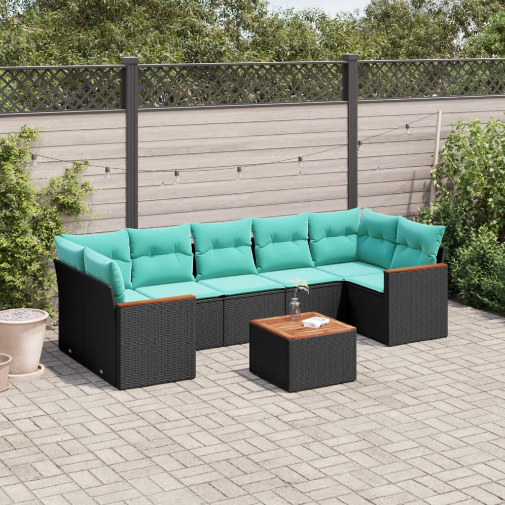 JUNG Vida 8-teiliges Gartensofa-Set mit Kissen, schwarzes Polyrattan