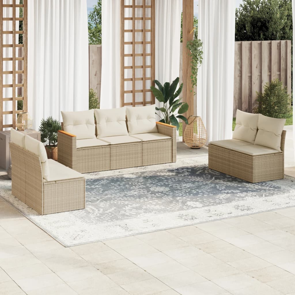 JUNG Vida 7-tlg. Garten-Sofagarnitur mit Kissen Beige Poly Rattan
