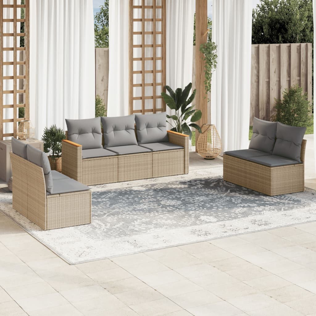 JUNG Vida 7-tlg. Garten-Sofagarnitur mit Kissen Beige Poly Rattan