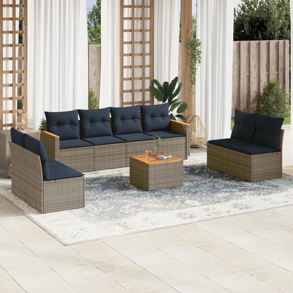 JUNG Vida 9-teiliges Gartensofa-Set mit Kissen, grau, Polyrattan