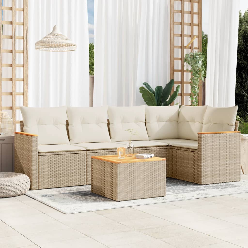 JUNG Vida 6-tlg. Garten-Sofagarnitur mit Kissen Beige Poly Rattan