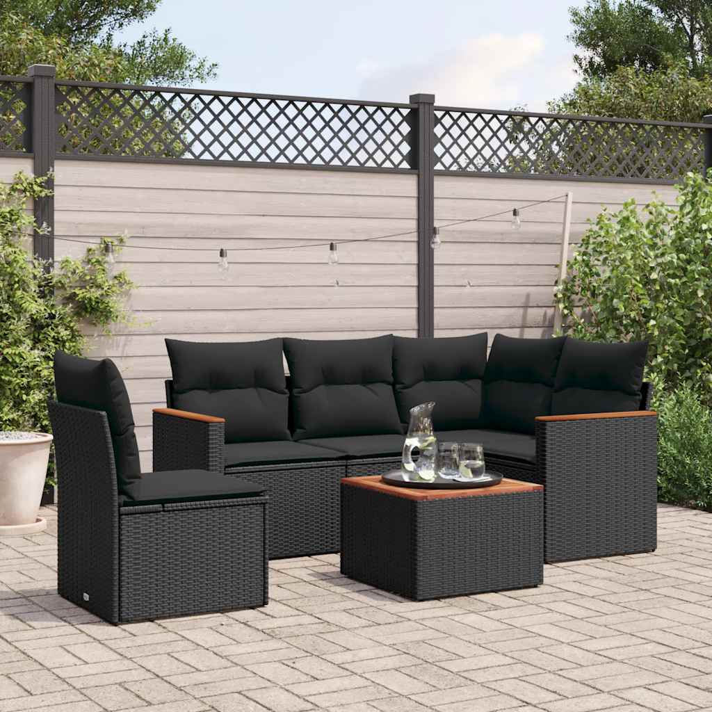 JUNG Vida 6-tlg. Garten-Sofagarnitur mit Kissen Schwarz Poly Rattan