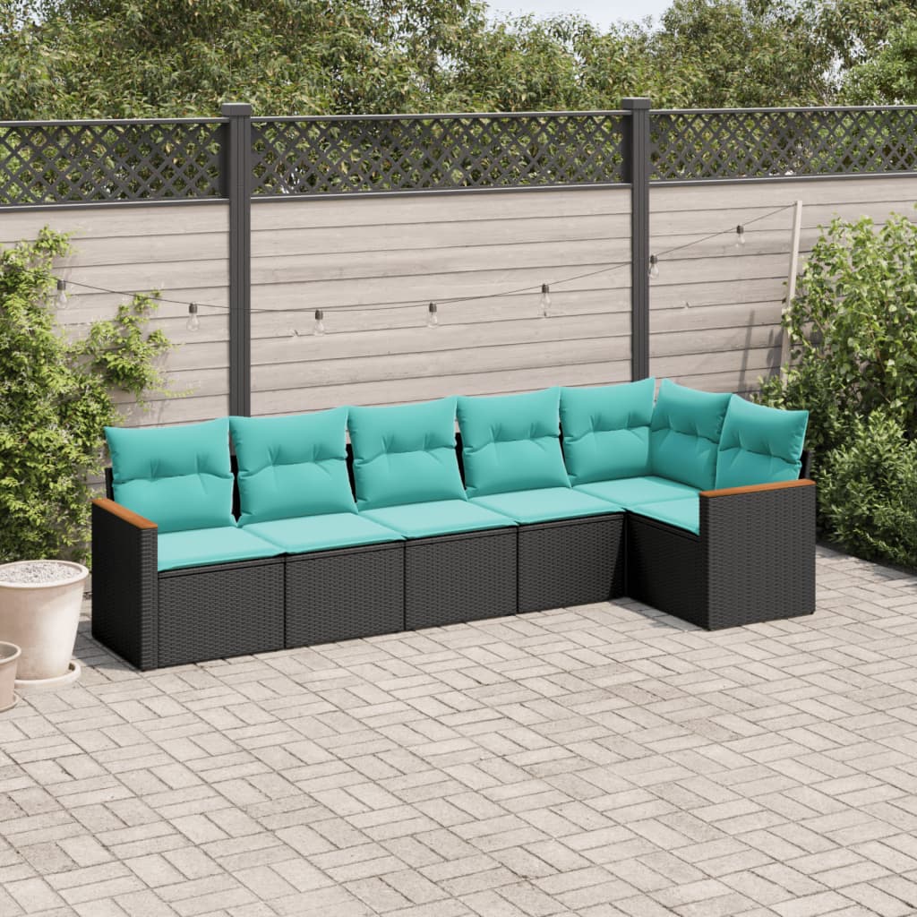 JUNG Vida 6-teiliges Gartensofa-Set mit Kissen, schwarzes Polyrattan