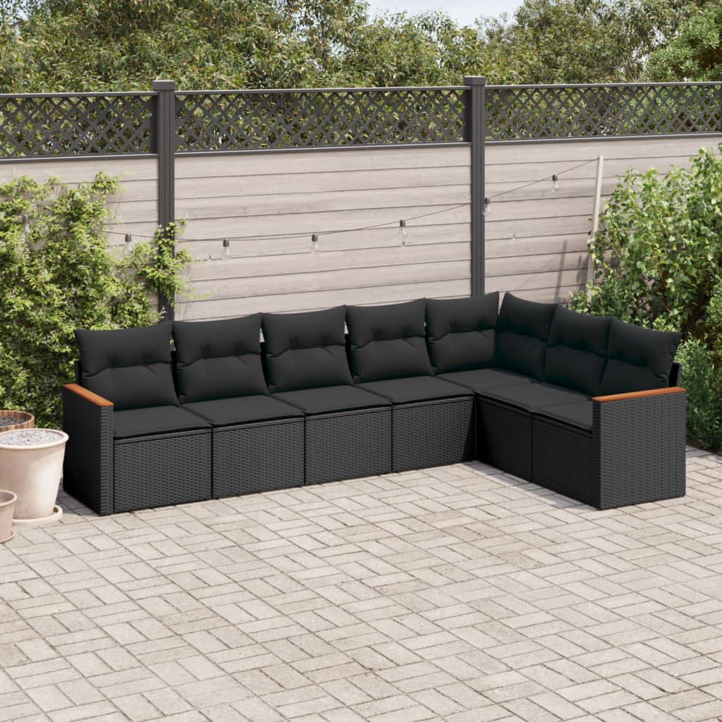 JUNG Vida 7-tlg. Garten-Sofagarnitur mit Kissen Schwarz Poly Rattan
