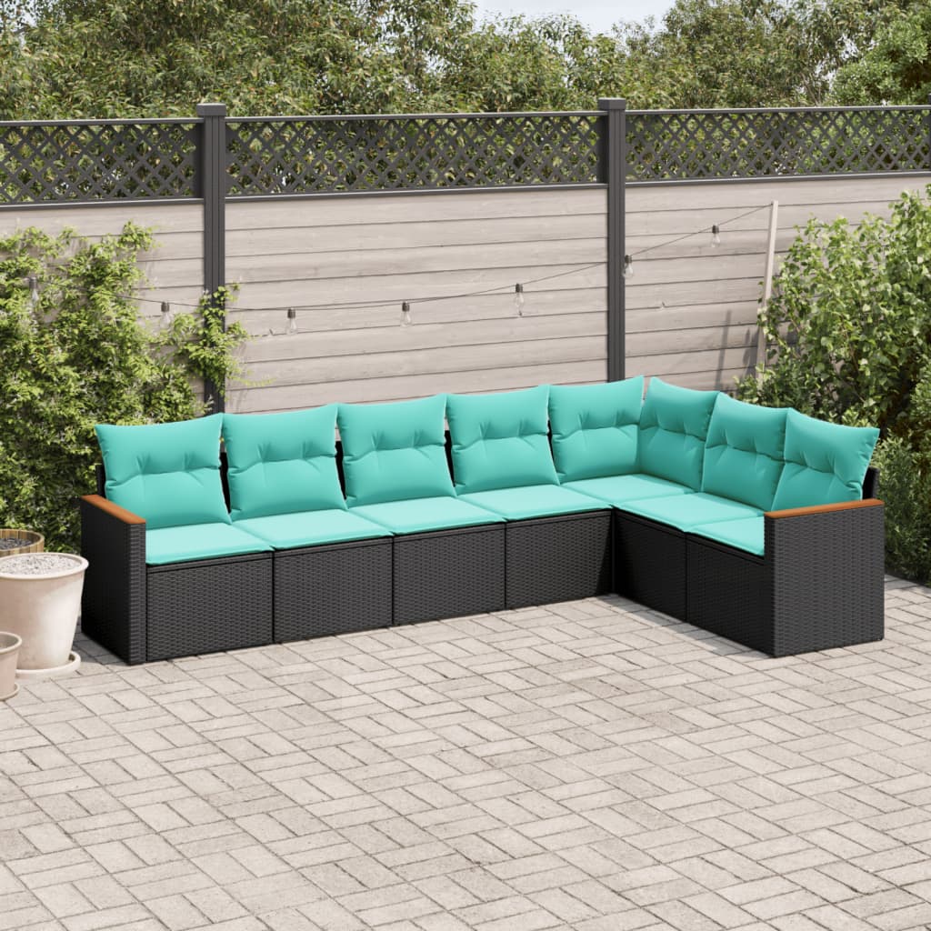 JUNG Vida 7-teiliges Gartensofa-Set mit Kissen, schwarzes Polyrattan