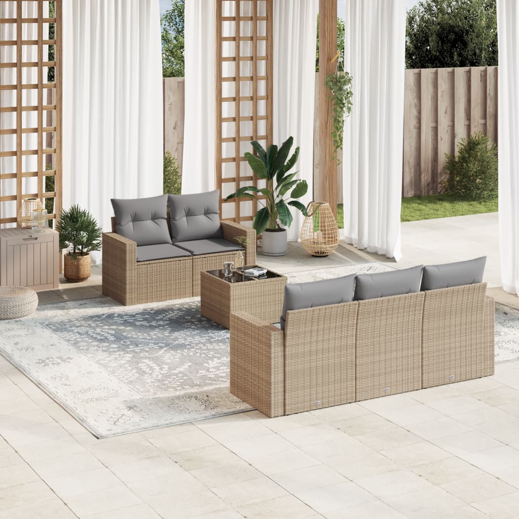 JUNG Vida 6-tlg. Garten-Sofagarnitur mit Kissen Beige Poly Rattan