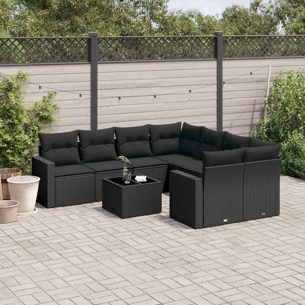 JUNG Vida 9-tlg. Garten-Sofagarnitur mit Kissen Schwarz Poly Rattan