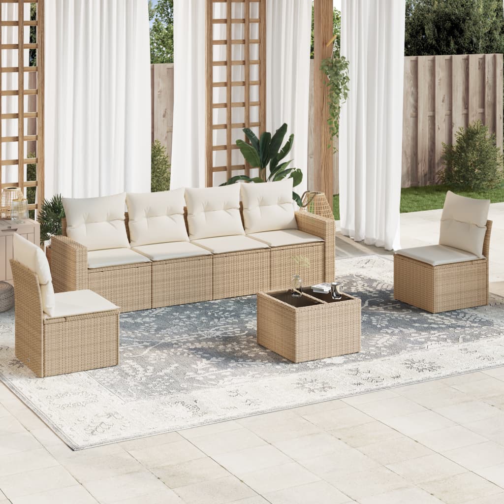 JUNG Vida 7-tlg. Garten-Sofagarnitur mit Kissen Beige Poly Rattan