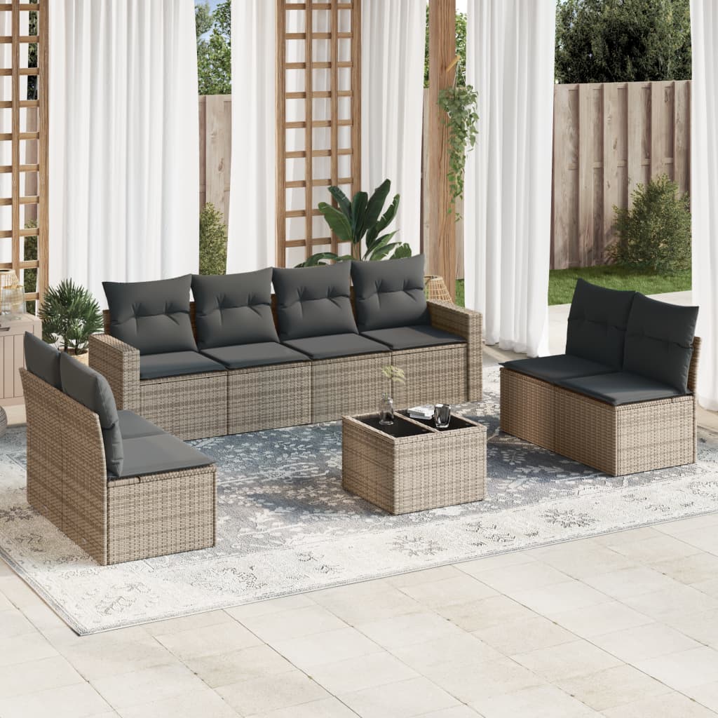 JUNG Vida 9-tlg. Garten-Sofagarnitur mit Kissen Grau Poly Rattan