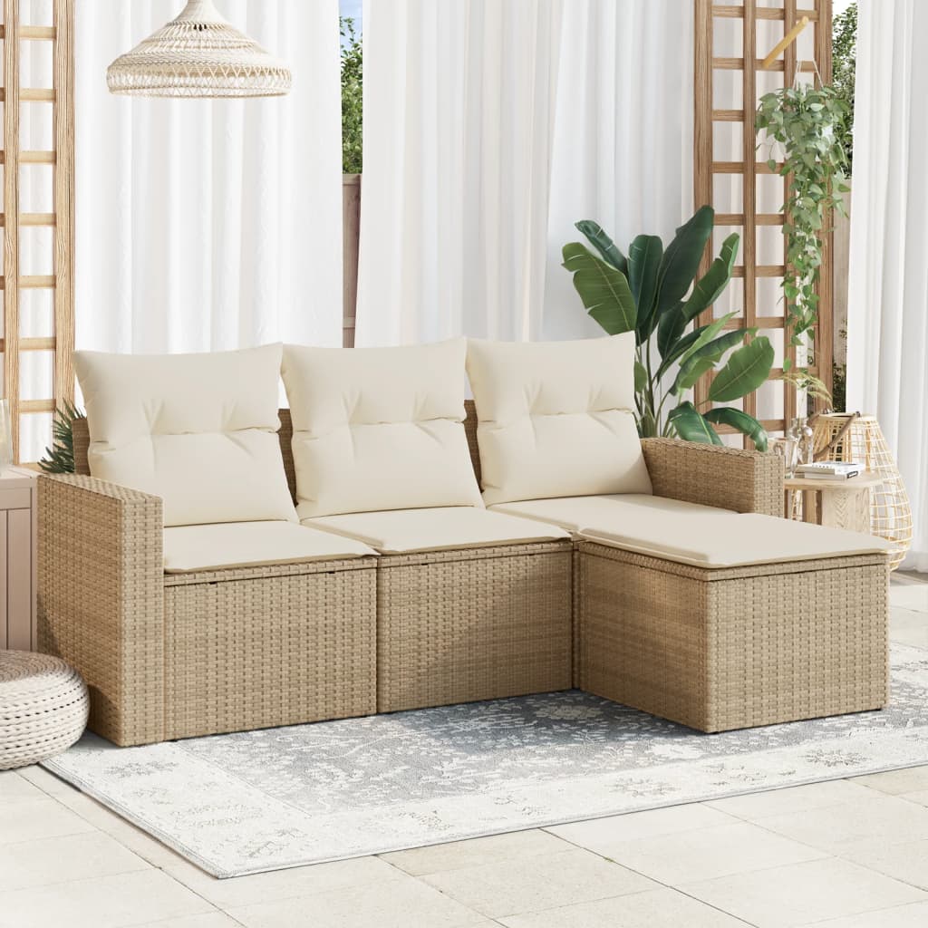 JUNG Vida 4-tlg. Garten-Sofagarnitur mit Kissen Beige Poly Rattan