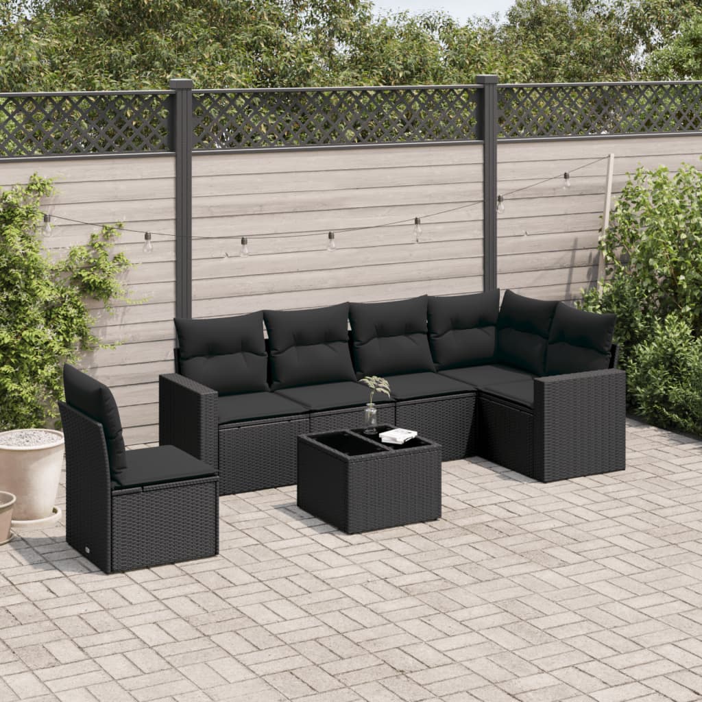 JUNG Vida 7-tlg. Garten-Sofagarnitur mit Kissen Schwarz Poly Rattan