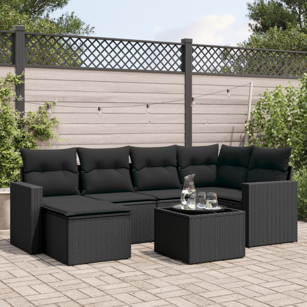JUNG Vida 7-tlg. Garten-Sofagarnitur mit Kissen Schwarz Poly Rattan