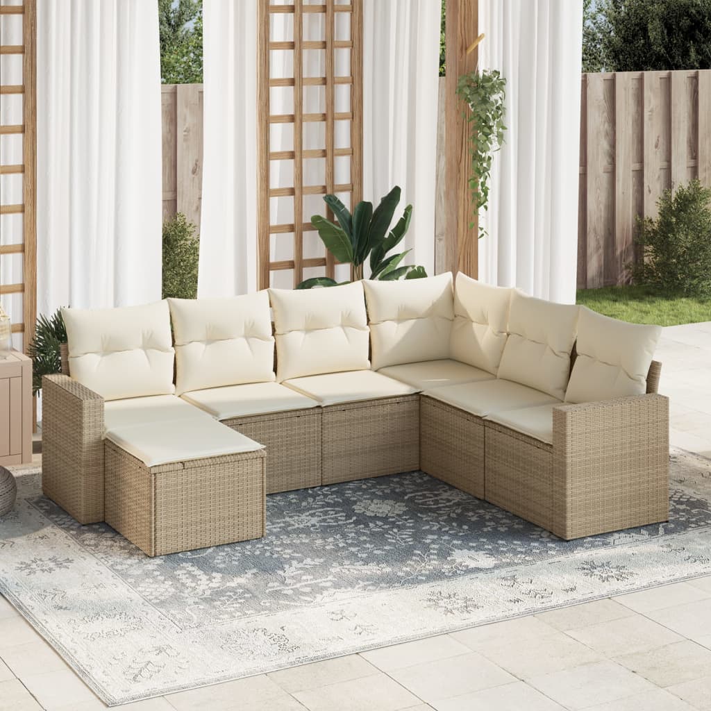 JUNG Vida 7-tlg. Garten-Sofagarnitur mit Kissen Beige Poly Rattan