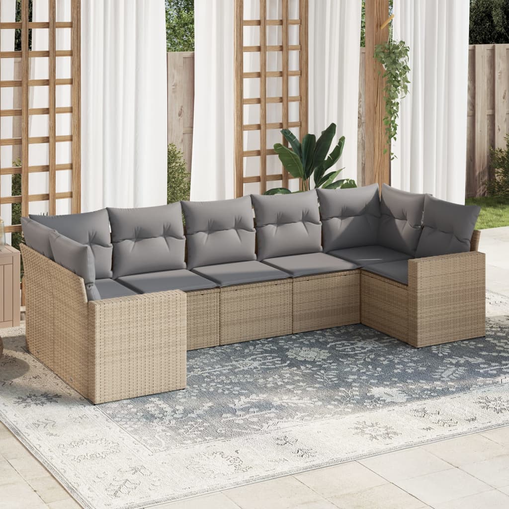JUNG Vida 7-tlg. Garten-Sofagarnitur mit Kissen Beige Poly Rattan