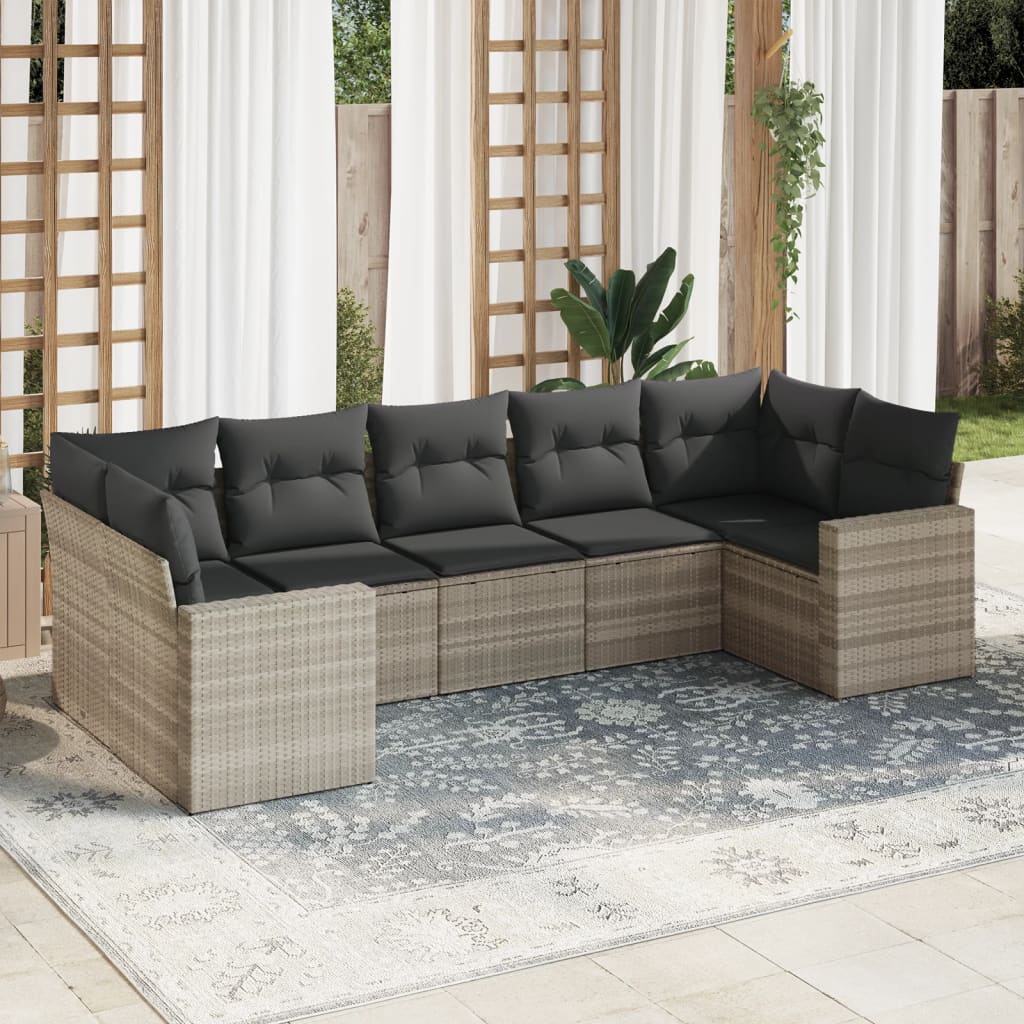 JUNG Vida 7-tlg. Garten-Sofagarnitur mit Kissen Hellgrau Poly Rattan